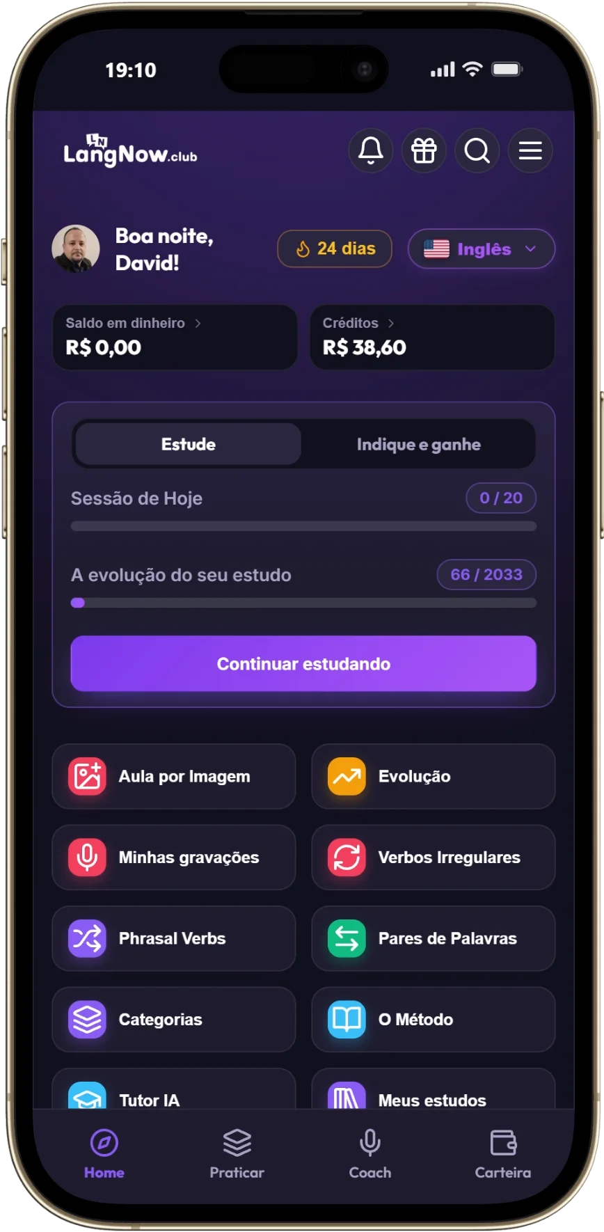 Tela inicial do aplicativo LangNow, com o progresso do dia e os módulos de estudo.