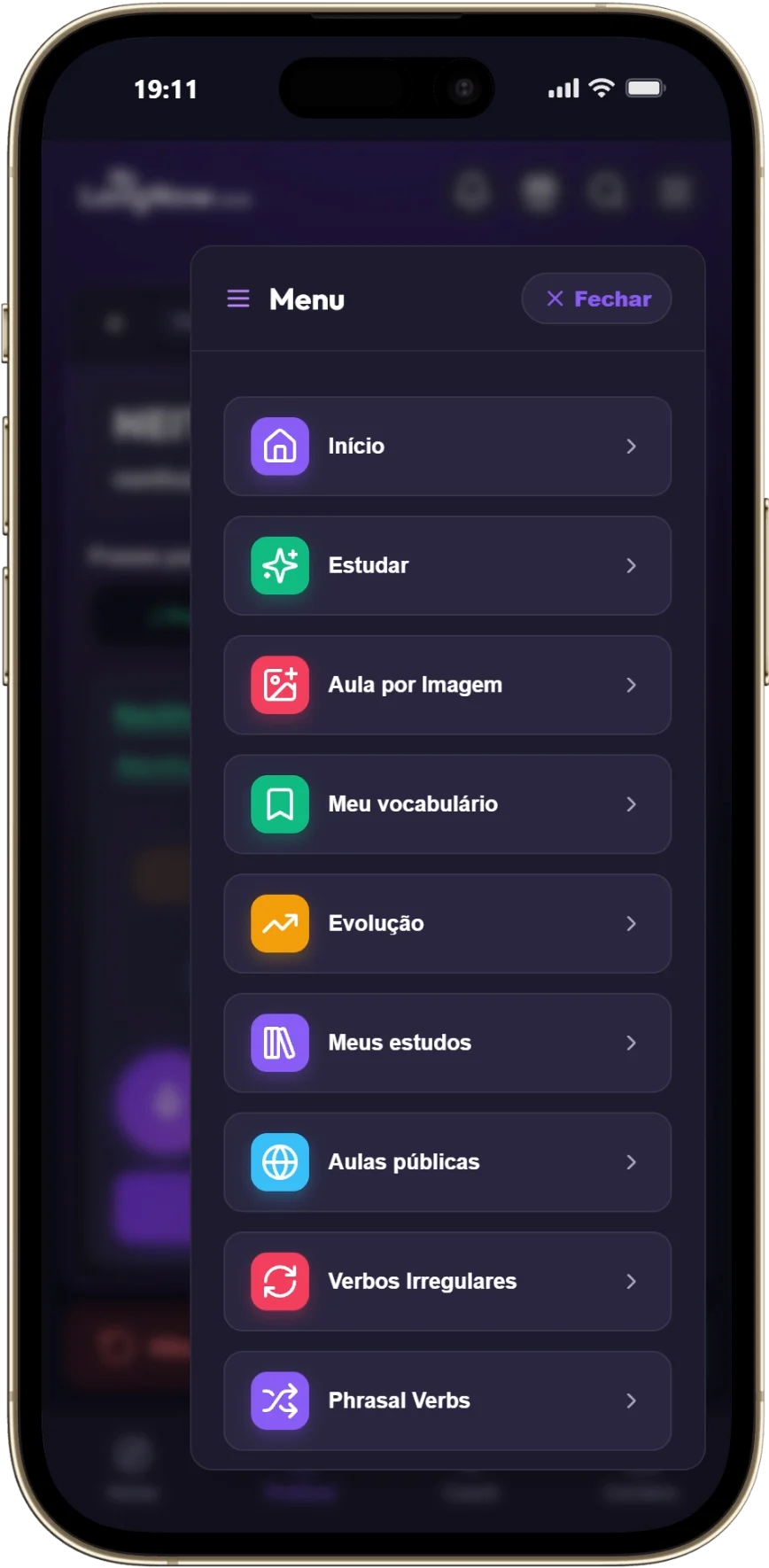 Menu do aplicativo com Image Class, Meu vocabulário, Evolução, Verbos Irregulares e Phrasal Verbs.