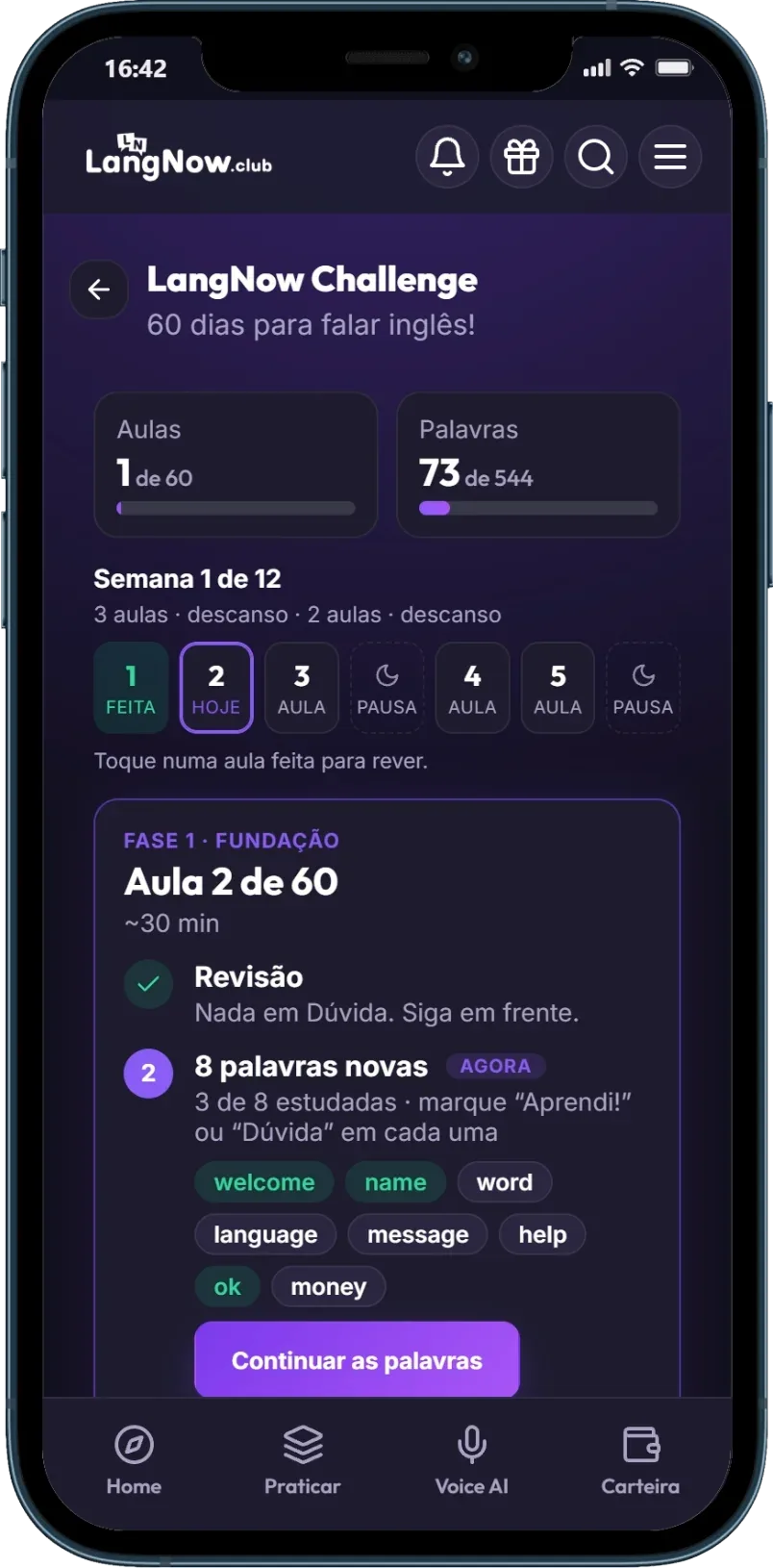 Tela do LangNow Challenge no app: semana 1 de 12, aula 2 de 60, com as palavras novas do dia